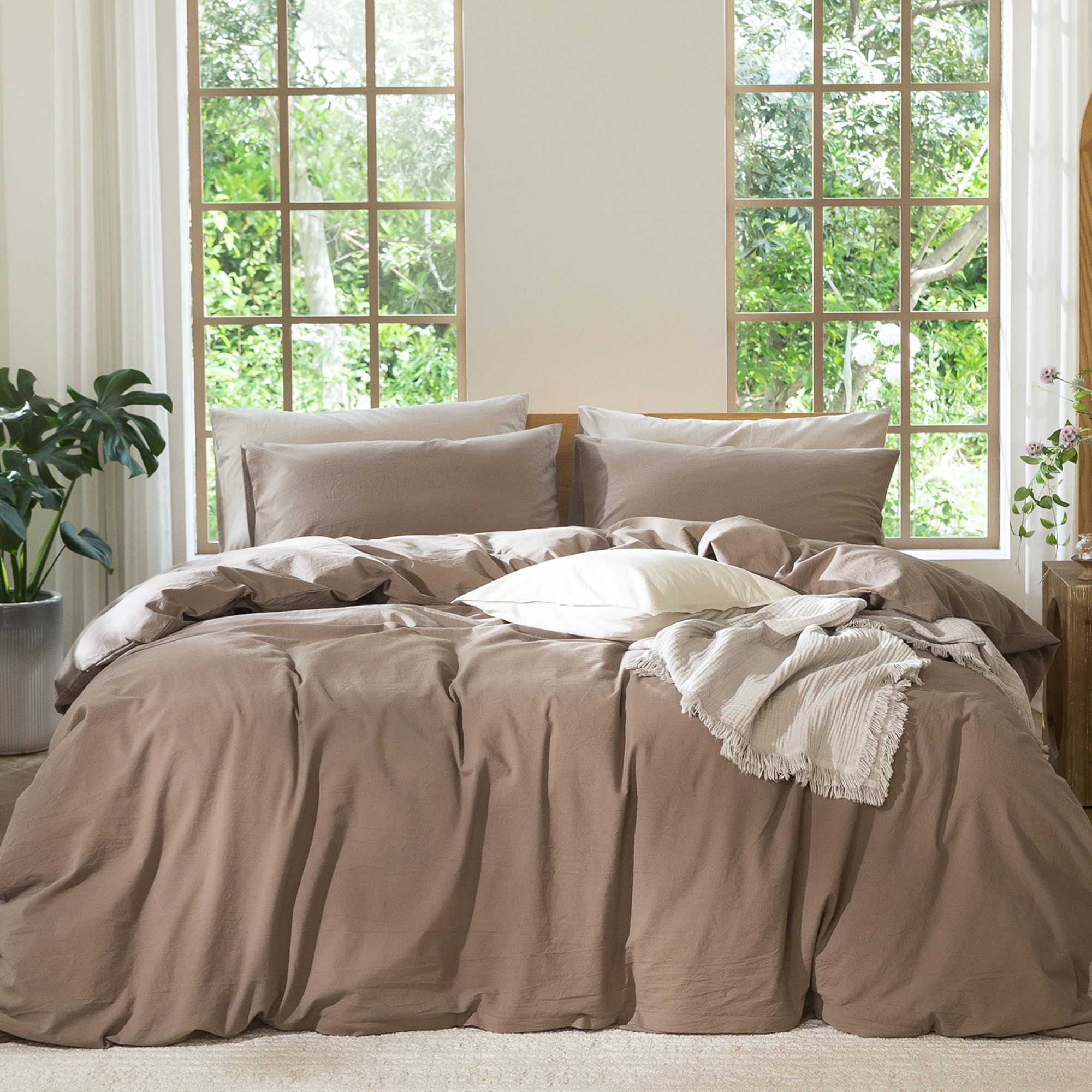 MooMee Bedding Duvet Cover Set 100% Washed Cotton Linen Like Textured Breathable Durable Soft Comfy (Heathered Tannish Linen Grey, Queen 90"x90")