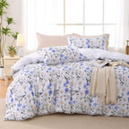 MUXHOMO Duvet Cover Queen Size, Reversible Floral Green Duvet Cover Set with Zipper Closure, 3 Pieces Botanical Patterns Soft Microfiber Bedding Set with 4 Ties (90"x90", 2 Pillow Cases)