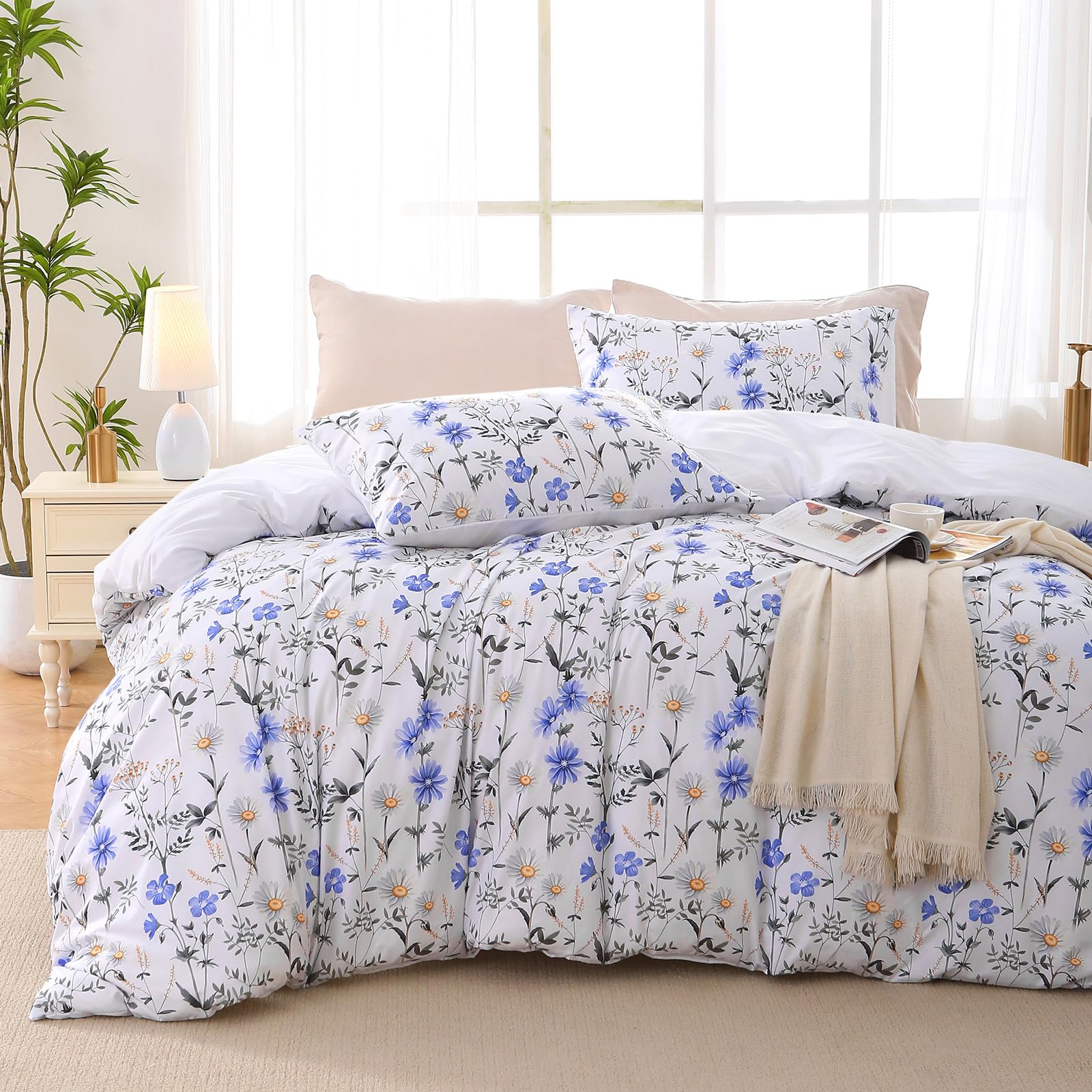 MUXHOMO Duvet Cover Queen Size, Reversible Floral Green Duvet Cover Set with Zipper Closure, 3 Pieces Botanical Patterns Soft Microfiber Bedding Set with 4 Ties (90"x90", 2 Pillow Cases)