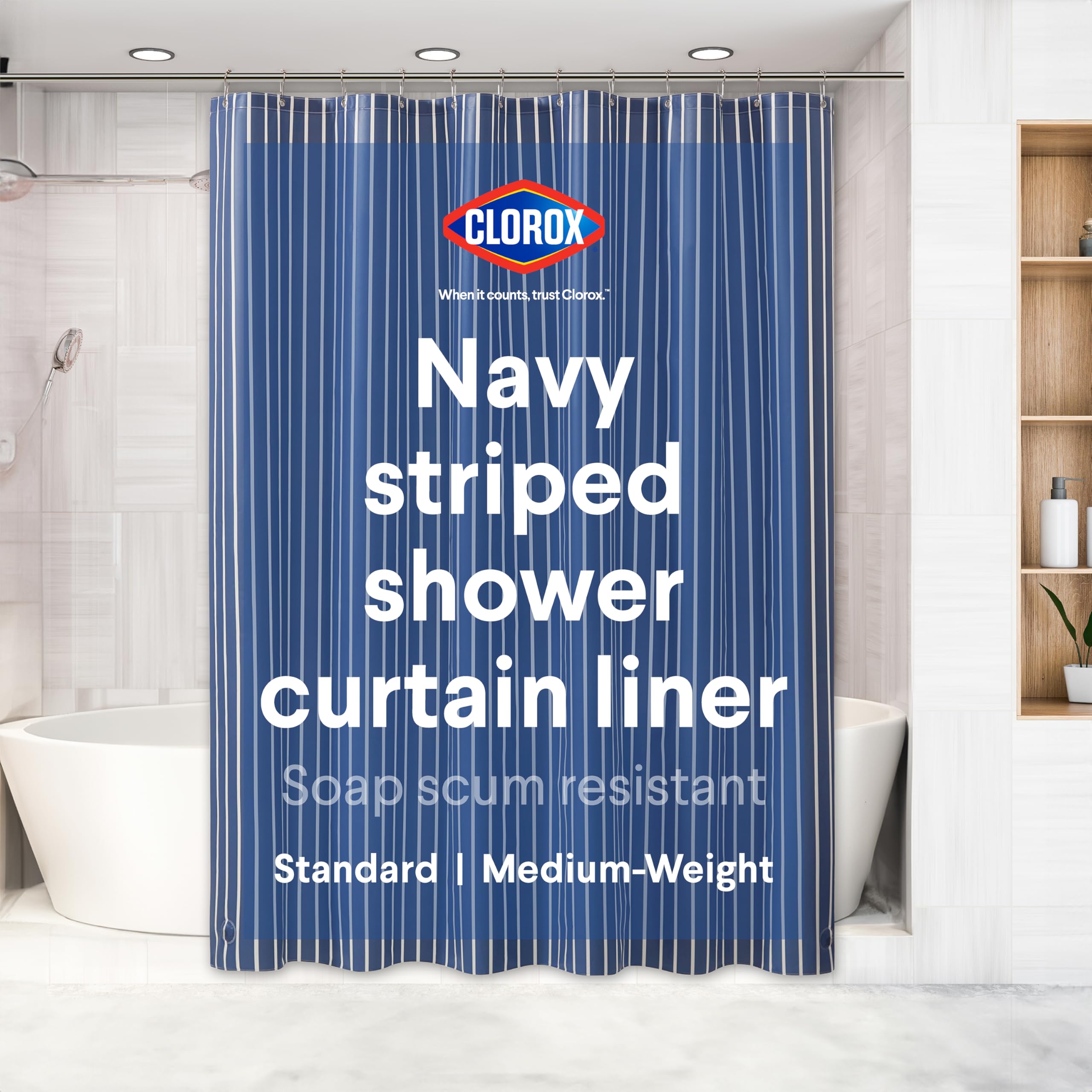 Clorox Shower Curtain Liner & Hooks, Premium Lightweight Flexible Waterproof 4g PEVA for Bathroom with Weighted Magnets, Standard Size 70" x 72", Frosty 1 Pack