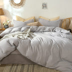 MooMee Bedding Duvet Cover Set 100% Washed Cotton Linen Like Textured Breathable Durable Soft Comfy (Heathered Tannish Linen Grey, Queen 90"x90")