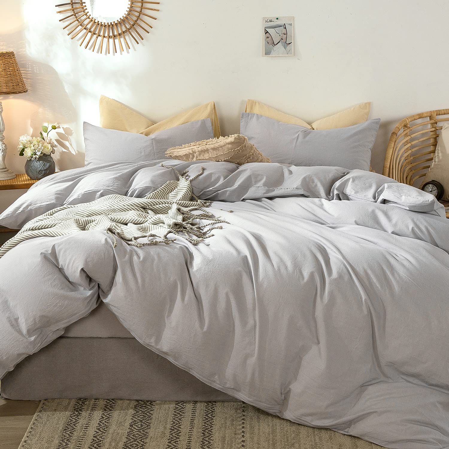 MooMee Bedding Duvet Cover Set 100% Washed Cotton Linen Like Textured Breathable Durable Soft Comfy (Heathered Tannish Linen Grey, Queen 90"x90")