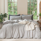 MooMee Bedding Duvet Cover Set 100% Washed Cotton Linen Like Textured Breathable Durable Soft Comfy (Heathered Tannish Linen Grey, Queen 90"x90")