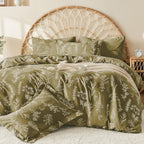 MUXHOMO Duvet Cover Queen Size, Reversible Floral Green Duvet Cover Set with Zipper Closure, 3 Pieces Botanical Patterns Soft Microfiber Bedding Set with 4 Ties (90"x90", 2 Pillow Cases)