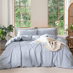 MooMee Bedding Duvet Cover Set 100% Washed Cotton Linen Like Textured Breathable Durable Soft Comfy (Heathered Tannish Linen Grey, Queen 90"x90")