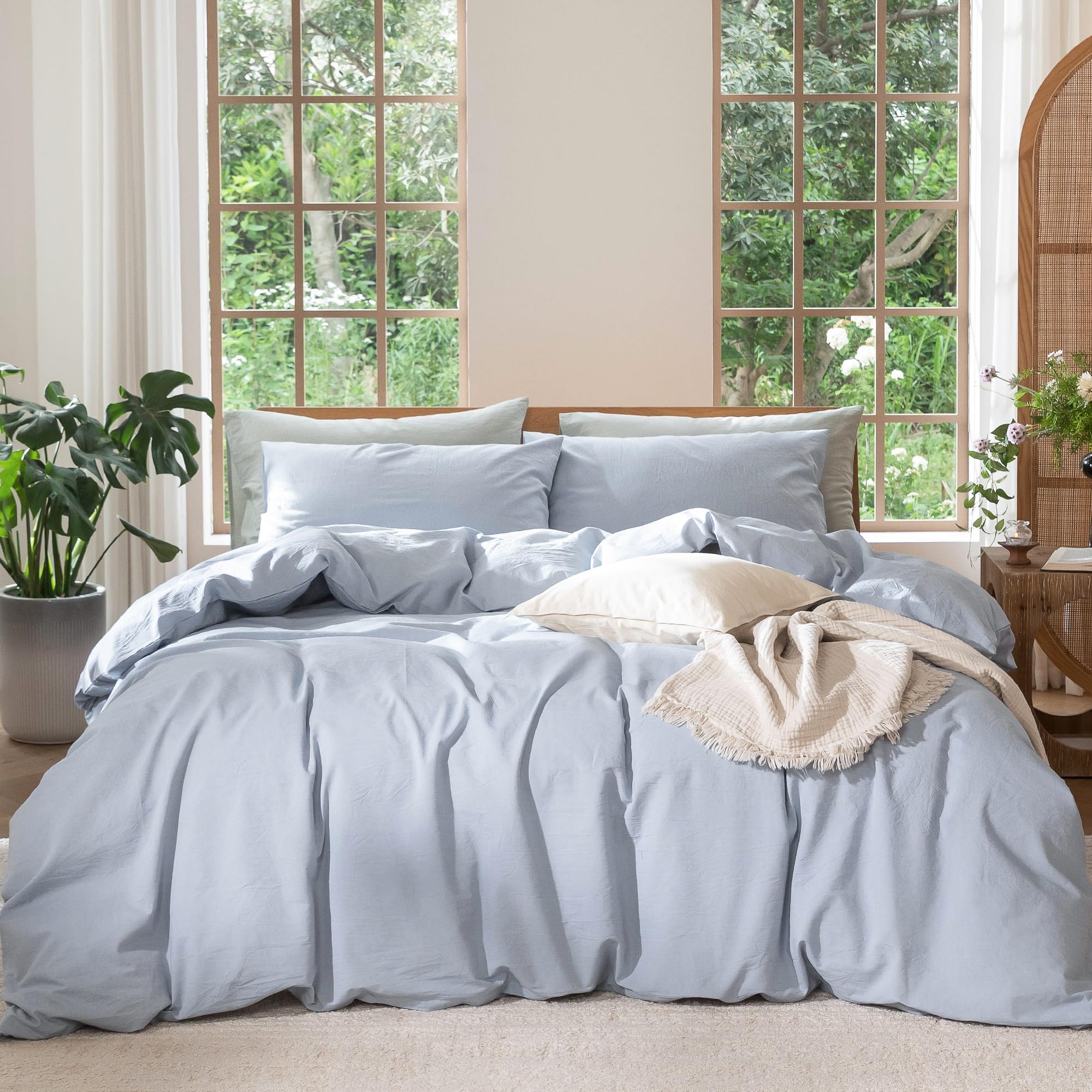 MooMee Bedding Duvet Cover Set 100% Washed Cotton Linen Like Textured Breathable Durable Soft Comfy (Heathered Tannish Linen Grey, Queen 90"x90")