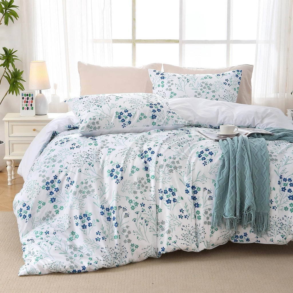 MUXHOMO Duvet Cover Queen Size, Reversible Floral Green Duvet Cover Set with Zipper Closure, 3 Pieces Botanical Patterns Soft Microfiber Bedding Set with 4 Ties (90"x90", 2 Pillow Cases)
