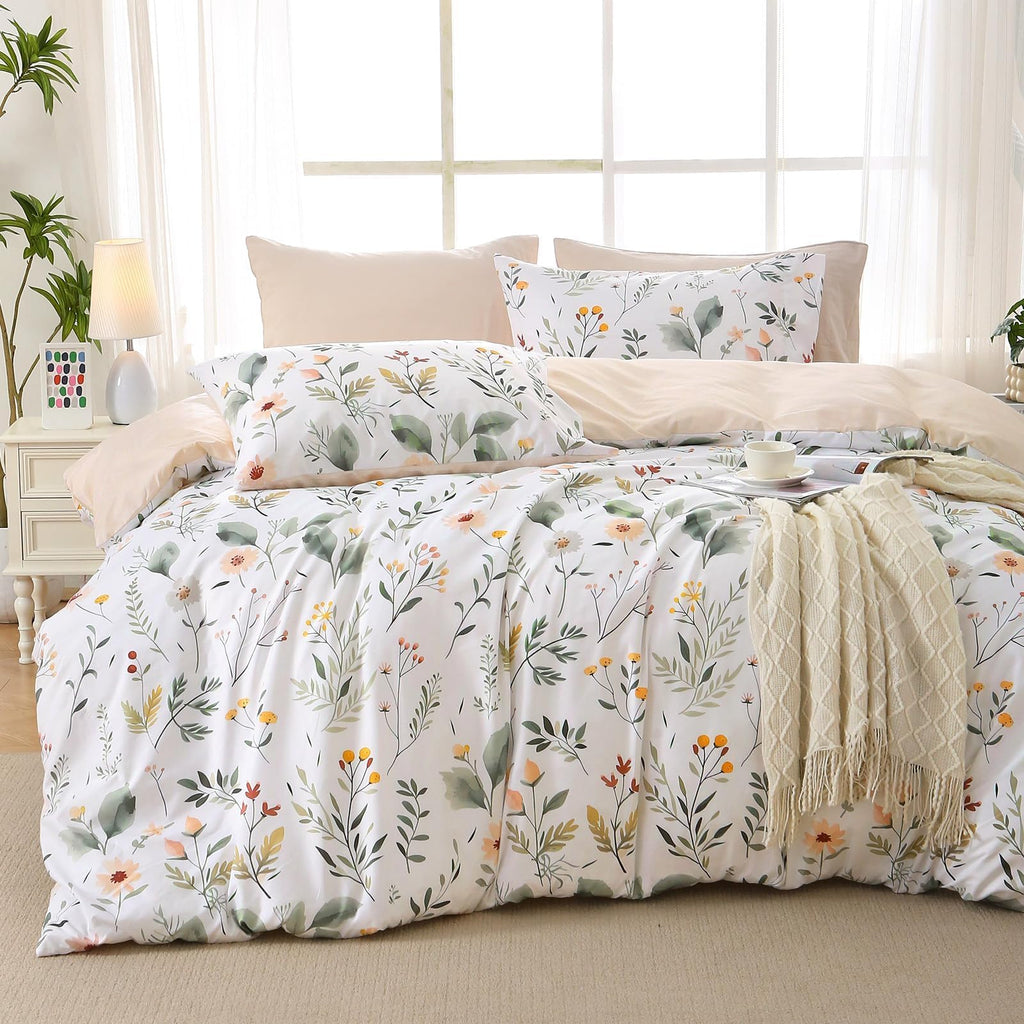 MUXHOMO Duvet Cover Queen Size, Reversible Floral Green Duvet Cover Set with Zipper Closure, 3 Pieces Botanical Patterns Soft Microfiber Bedding Set with 4 Ties (90"x90", 2 Pillow Cases)