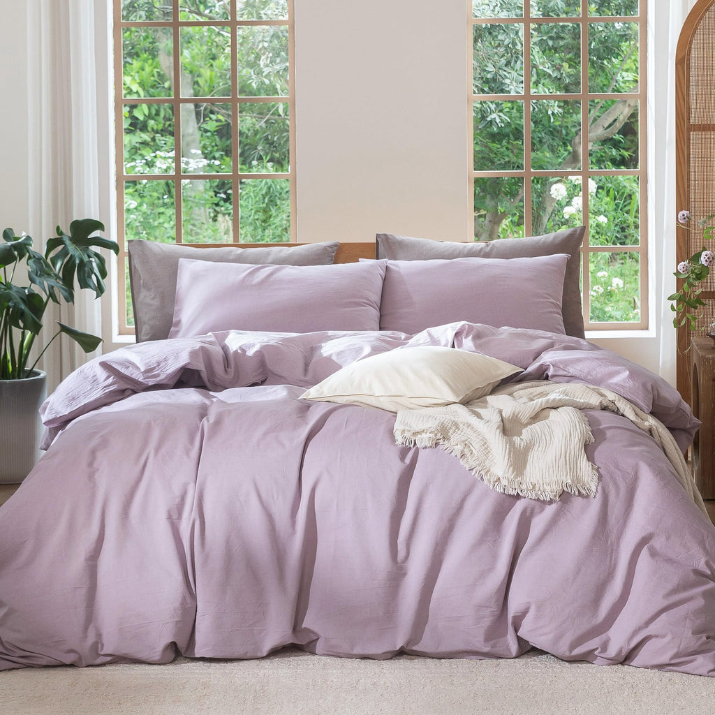 MooMee Bedding Duvet Cover Set 100% Washed Cotton Linen Like Textured Breathable Durable Soft Comfy (Heathered Tannish Linen Grey, Queen 90"x90")