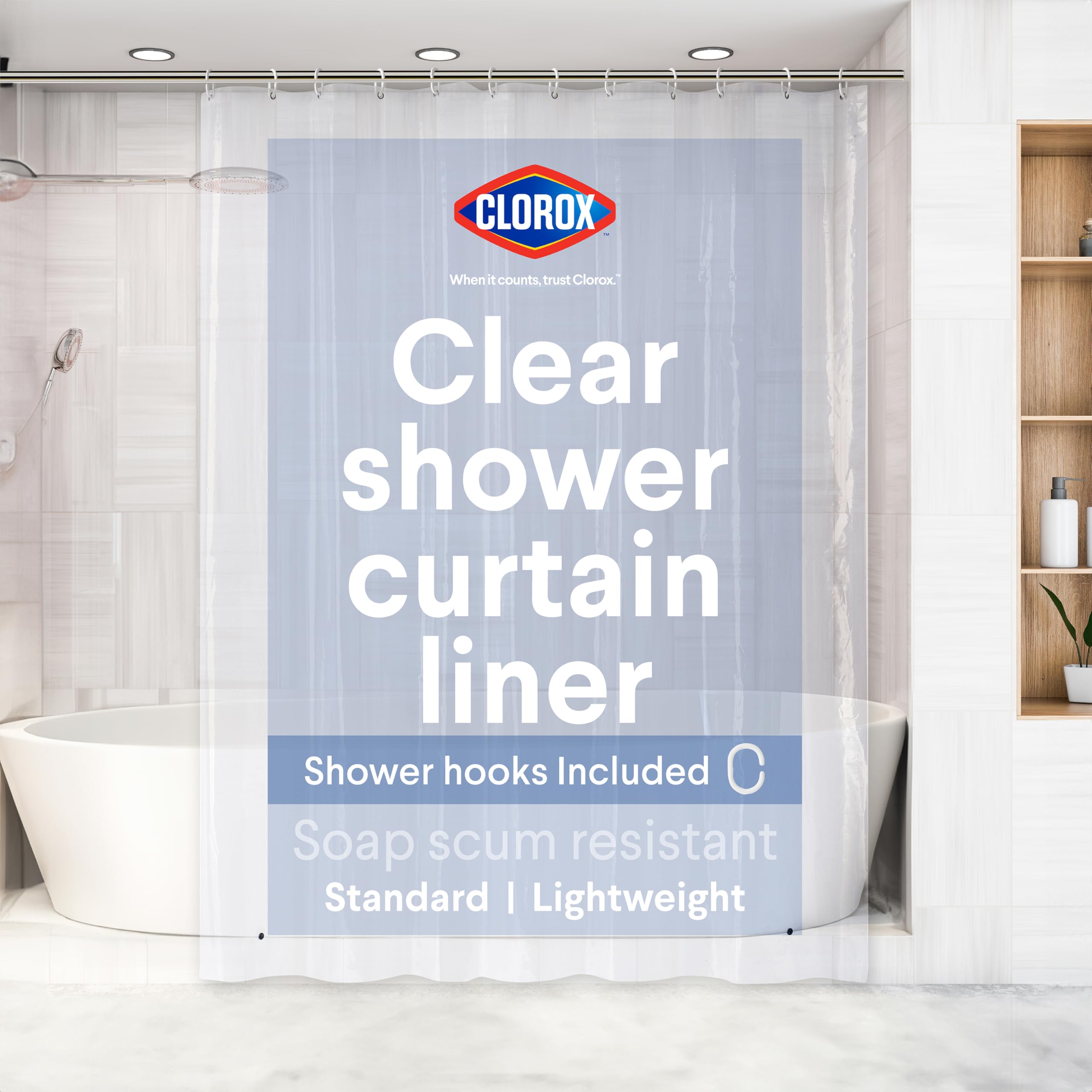 Clorox Shower Curtain Liner & Hooks, Premium Lightweight Flexible Waterproof 4g PEVA for Bathroom with Weighted Magnets, Standard Size 70" x 72", Frosty 1 Pack