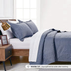 3 Piece Blue Queen Size Coin Pattern Lightweight All Season Quilt Bedspread Set with 2 Pillow Shams