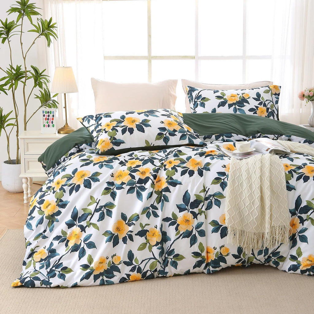 MUXHOMO Duvet Cover Queen Size, Reversible Floral Green Duvet Cover Set with Zipper Closure, 3 Pieces Botanical Patterns Soft Microfiber Bedding Set with 4 Ties (90"x90", 2 Pillow Cases)