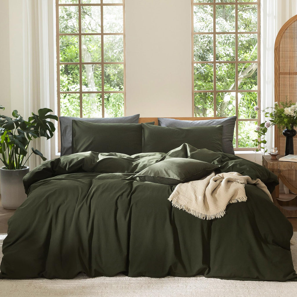MooMee Bedding Duvet Cover Set 100% Washed Cotton Linen Like Textured Breathable Durable Soft Comfy (Heathered Tannish Linen Grey, Queen 90"x90")