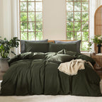 MooMee Bedding Duvet Cover Set 100% Washed Cotton Linen Like Textured Breathable Durable Soft Comfy (Heathered Tannish Linen Grey, Queen 90"x90")