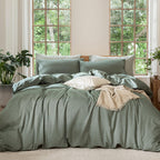 MooMee Bedding Duvet Cover Set 100% Washed Cotton Linen Like Textured Breathable Durable Soft Comfy (Heathered Tannish Linen Grey, Queen 90"x90")