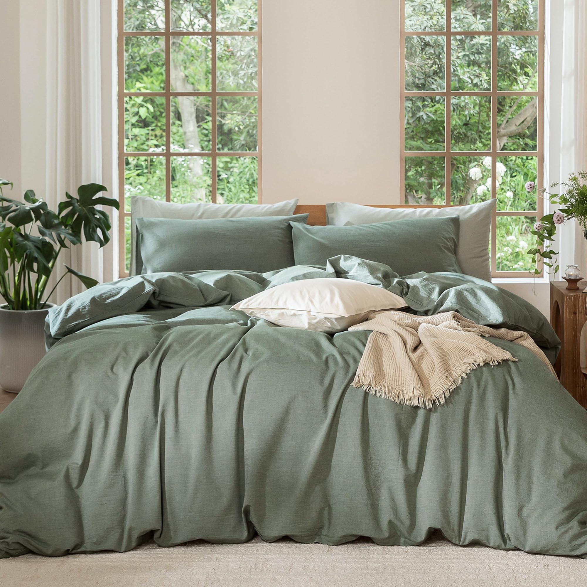 MooMee Bedding Duvet Cover Set 100% Washed Cotton Linen Like Textured Breathable Durable Soft Comfy (Heathered Tannish Linen Grey, Queen 90"x90")