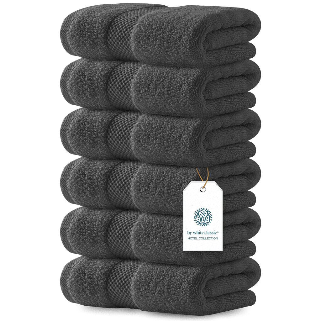 White Classic Luxury Dark Gray Hand Towels - Soft 100% Turkish Cotton | Highly Absorbent Hotel spa Bathroom Towel Collection | 16x30 Inch | Set of 6