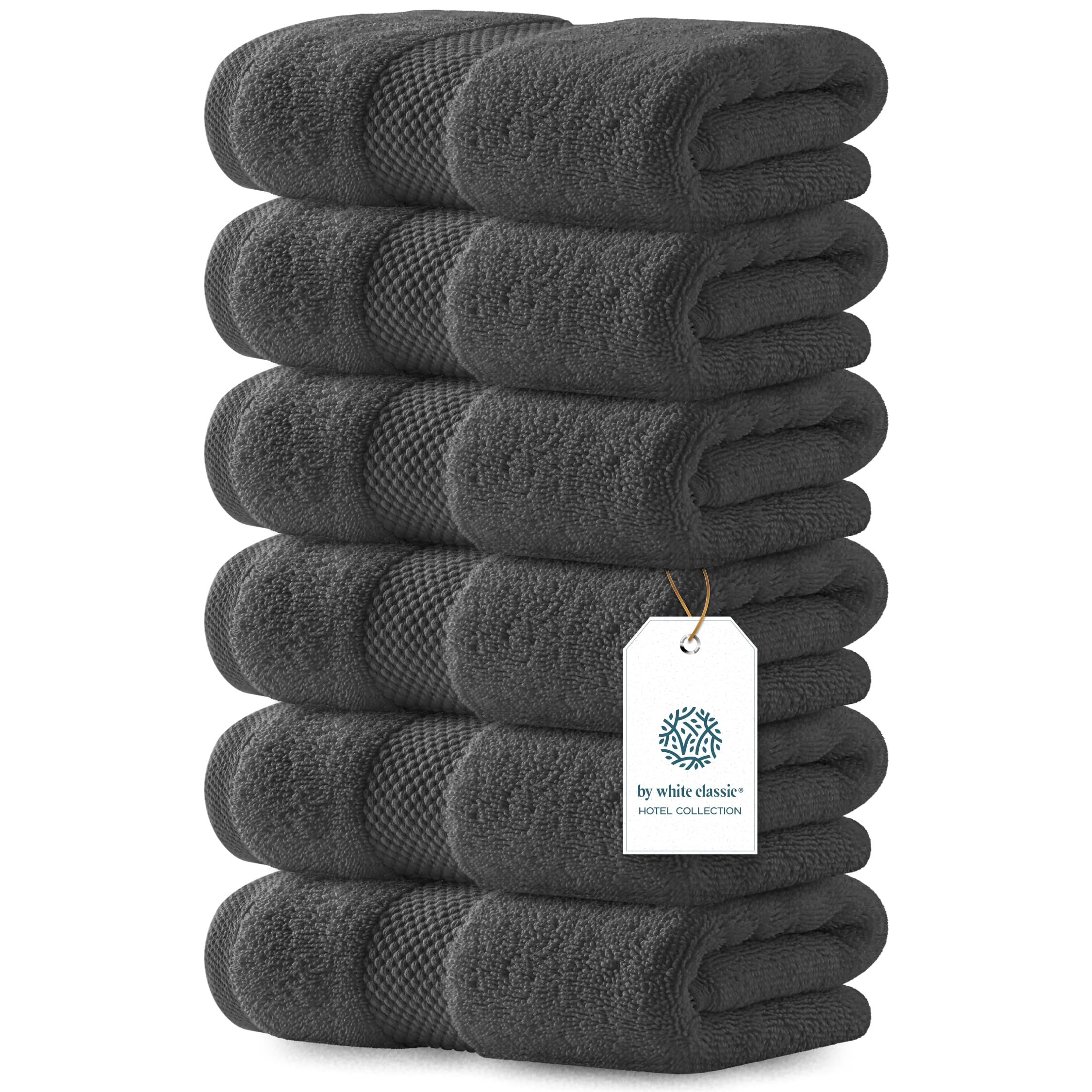 White Classic Luxury Dark Gray Hand Towels - Soft 100% Turkish Cotton | Highly Absorbent Hotel spa Bathroom Towel Collection | 16x30 Inch | Set of 6