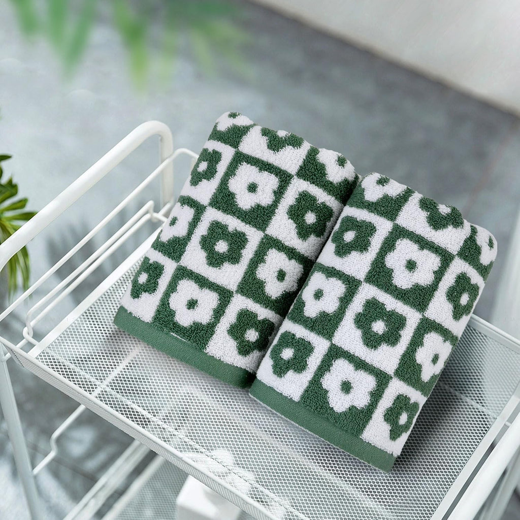 Jacquotha Cotton Hand Towels Green Checkered Floral - Quick Drying Hand Towel Set of 4, for Bathroom Kitchen Decor, 29” x 13”