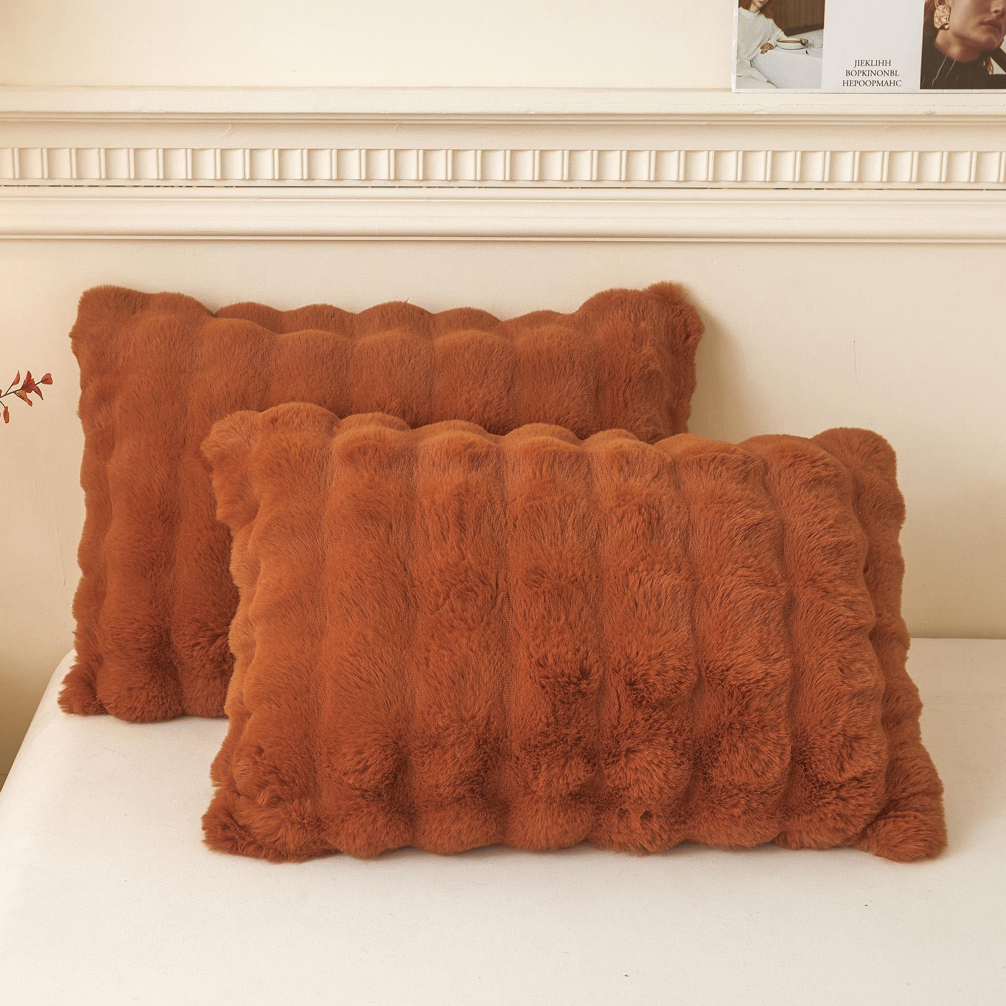 LIFEREVO 2 Pack Fluffy Faux Rabbit Fur Pillow Cases, Luxury Soft Plush Shaggy Bubble Pillowcases Standard Size with Zipper Closure, Furry Fuzzy Ivory Long Pillow Shams Bedroom Living Room 20x26, Beige