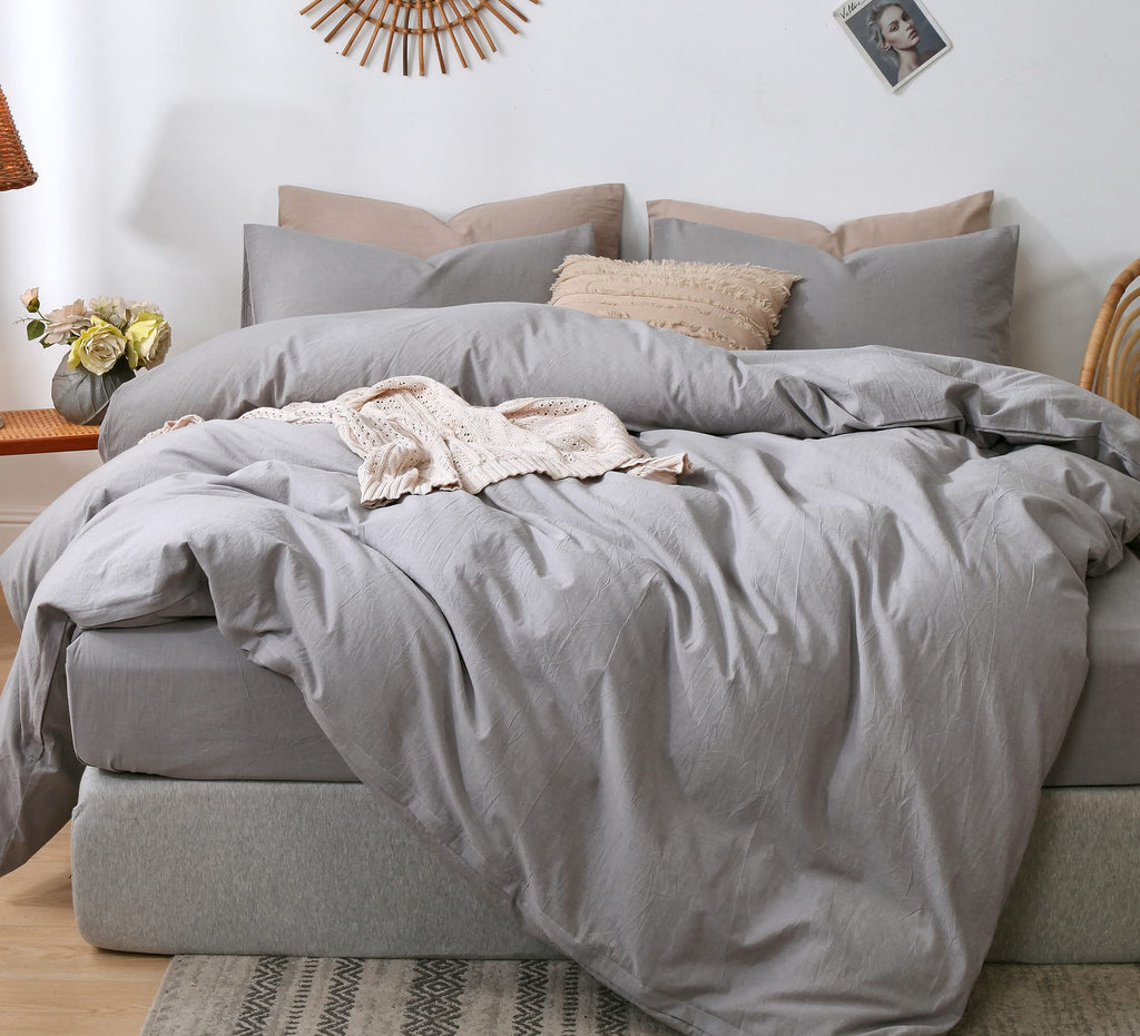 MooMee Bedding Duvet Cover Set 100% Washed Cotton Linen Like Textured Breathable Durable Soft Comfy (Heathered Tannish Linen Grey, Queen 90"x90")