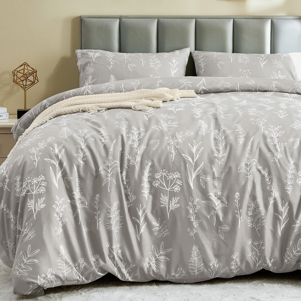 MUXHOMO Duvet Cover Queen Size, Reversible Floral Green Duvet Cover Set with Zipper Closure, 3 Pieces Botanical Patterns Soft Microfiber Bedding Set with 4 Ties (90"x90", 2 Pillow Cases)