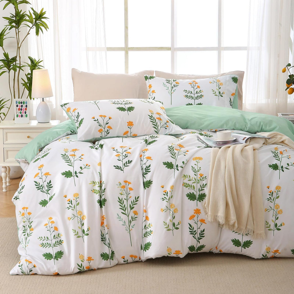 MUXHOMO Duvet Cover Queen Size, Reversible Floral Green Duvet Cover Set with Zipper Closure, 3 Pieces Botanical Patterns Soft Microfiber Bedding Set with 4 Ties (90"x90", 2 Pillow Cases)