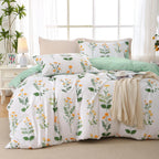 MUXHOMO Duvet Cover Queen Size, Reversible Floral Green Duvet Cover Set with Zipper Closure, 3 Pieces Botanical Patterns Soft Microfiber Bedding Set with 4 Ties (90"x90", 2 Pillow Cases)