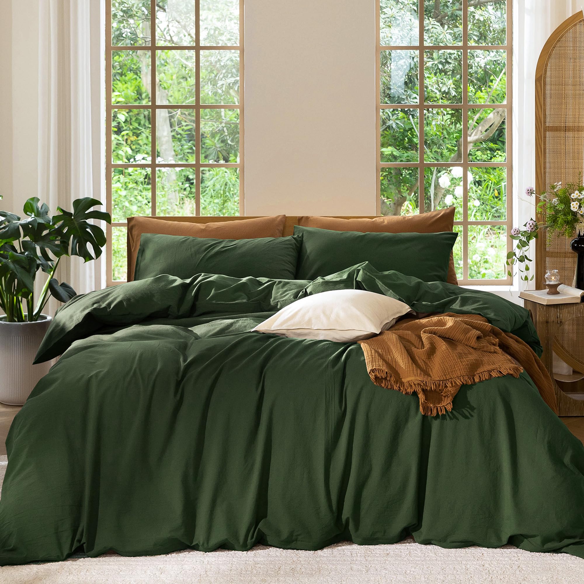 MooMee Bedding Duvet Cover Set 100% Washed Cotton Linen Like Textured Breathable Durable Soft Comfy (Heathered Tannish Linen Grey, Queen 90"x90")