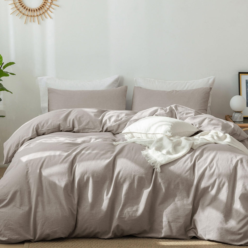 MooMee Bedding Duvet Cover Set 100% Washed Cotton Linen Like Textured Breathable Durable Soft Comfy (Heathered Tannish Linen Grey, Queen 90"x90")