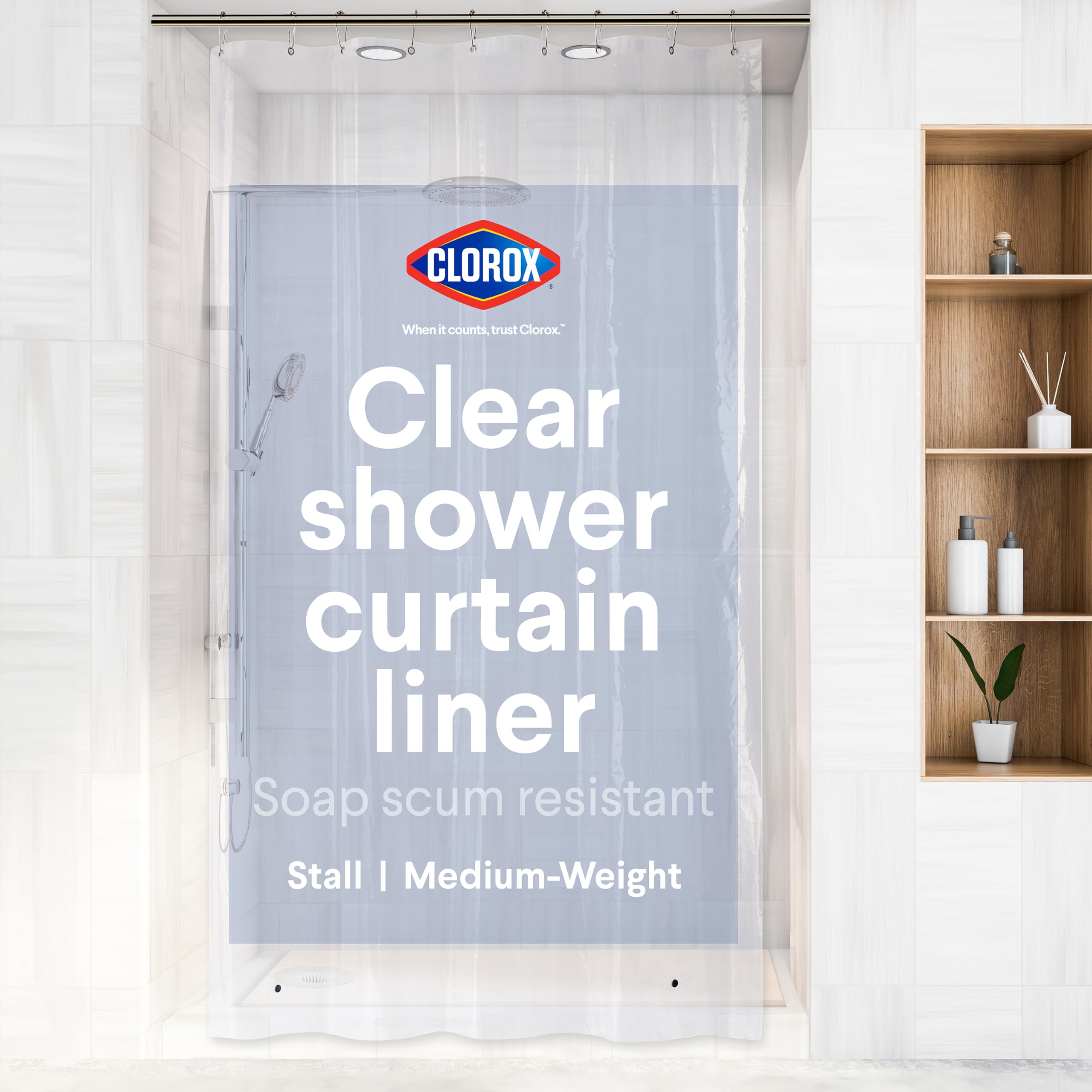 Clorox Shower Curtain Liner & Hooks, Premium Lightweight Flexible Waterproof 4g PEVA for Bathroom with Weighted Magnets, Standard Size 70" x 72", Frosty 1 Pack
