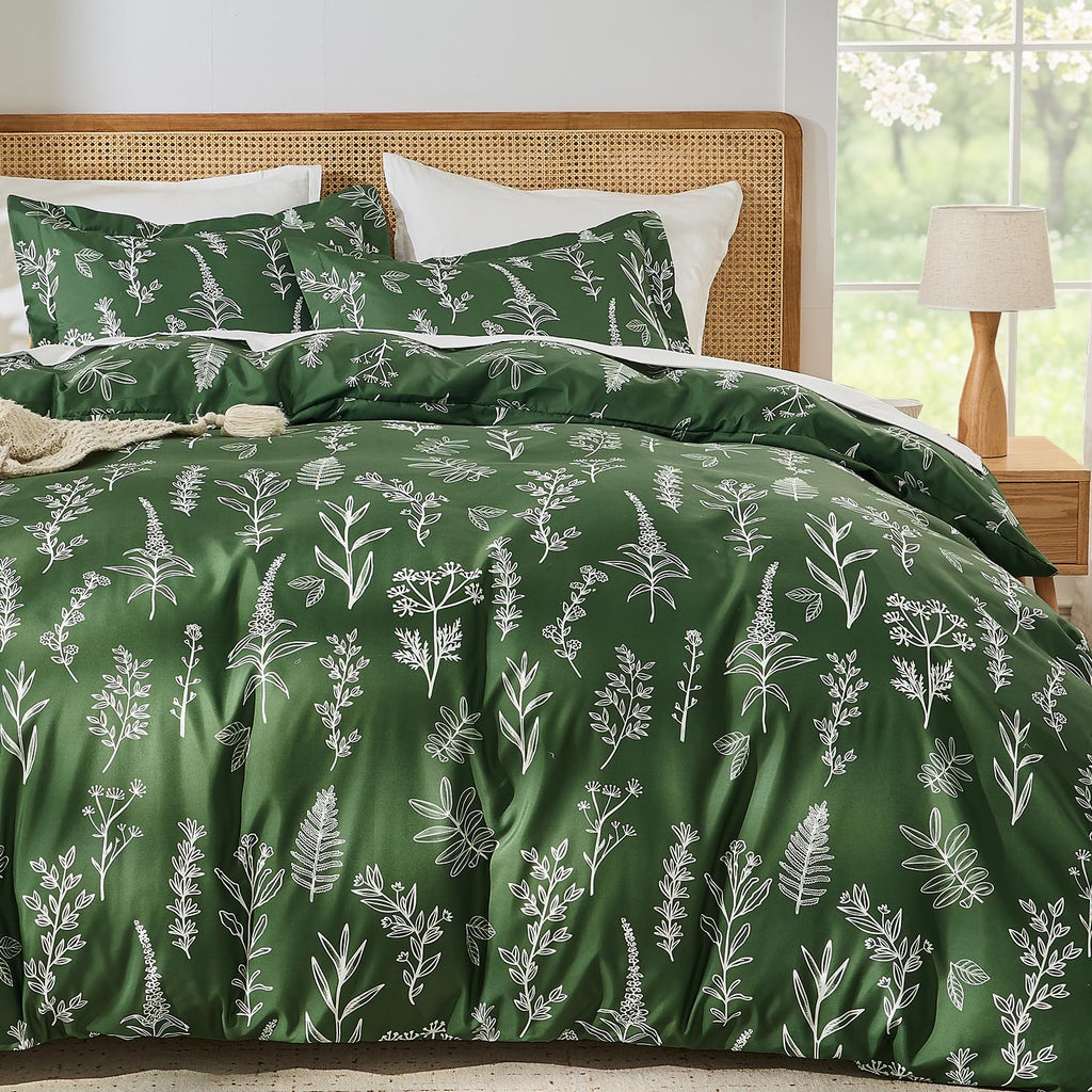 MUXHOMO Duvet Cover Queen Size, Reversible Floral Green Duvet Cover Set with Zipper Closure, 3 Pieces Botanical Patterns Soft Microfiber Bedding Set with 4 Ties (90"x90", 2 Pillow Cases)