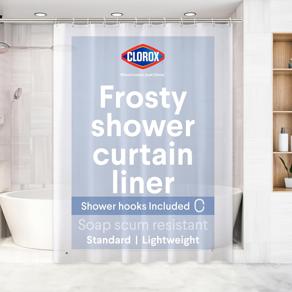 Clorox Shower Curtain Liner & Hooks, Premium Lightweight Flexible Waterproof 4g PEVA for Bathroom with Weighted Magnets, Standard Size 70" x 72", Frosty 1 Pack