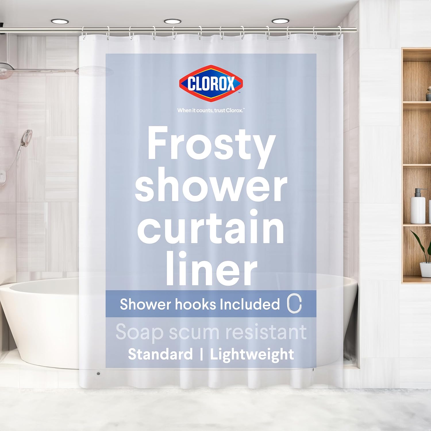 Clorox Shower Curtain Liner & Hooks, Premium Lightweight Flexible Waterproof 4g PEVA for Bathroom with Weighted Magnets, Standard Size 70" x 72", Frosty 1 Pack