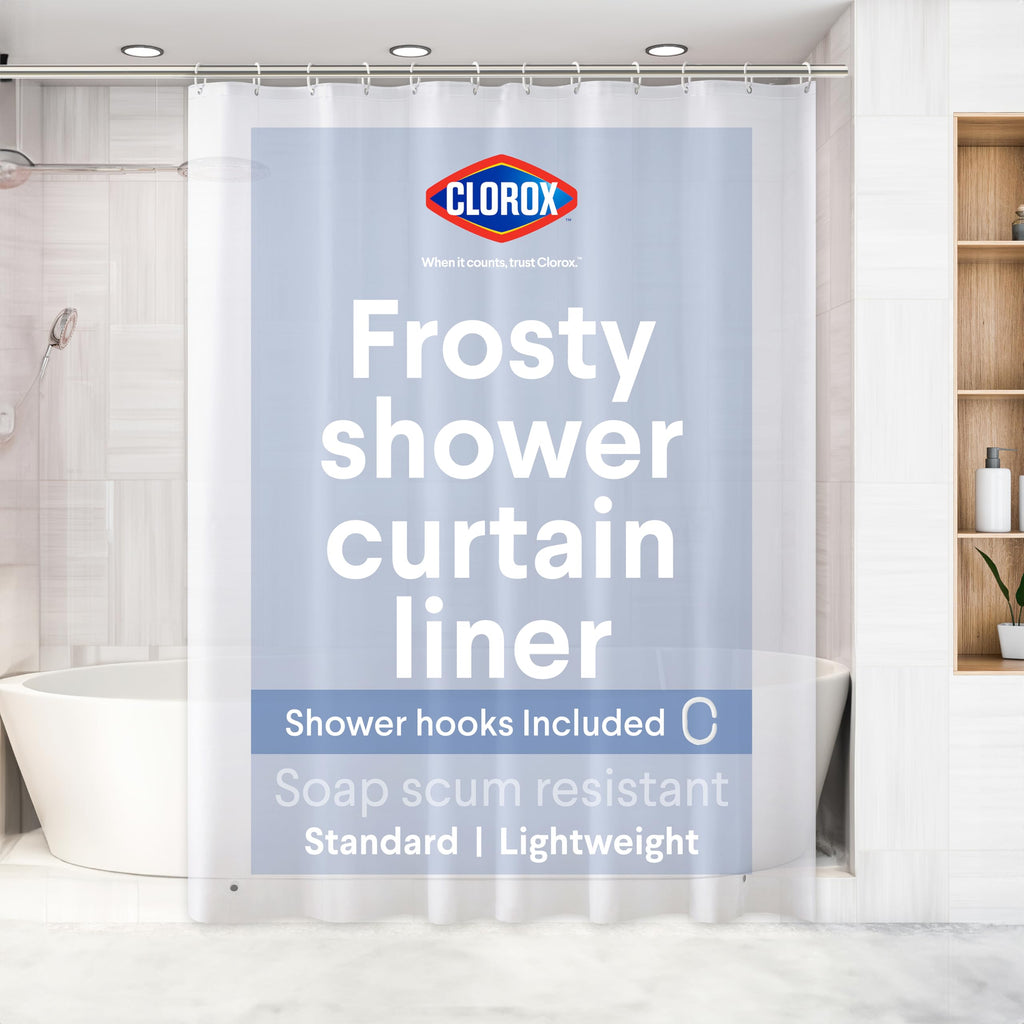 Clorox Shower Curtain Liner & Hooks, Premium Lightweight Flexible Waterproof 4g PEVA for Bathroom with Weighted Magnets, Standard Size 70" x 72", Frosty 1 Pack