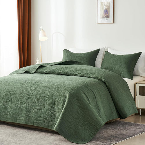 akkialla Queen Quilt Bedding Set,Olive Green Ultrasonic Full/Queen Quilt Set,Lightweight Soft Bedspread Coverlet,Modern Style Coin Pattern Bed Cover for All Seasons,3 Piece(1 Quilt,2 Pillow Shams)