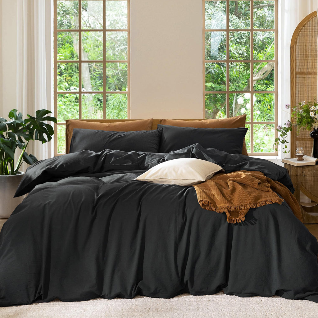 MooMee Bedding Duvet Cover Set 100% Washed Cotton Linen Like Textured Breathable Durable Soft Comfy (Heathered Tannish Linen Grey, Queen 90"x90")
