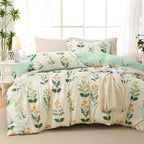 MUXHOMO Duvet Cover Queen Size, Reversible Floral Green Duvet Cover Set with Zipper Closure, 3 Pieces Botanical Patterns Soft Microfiber Bedding Set with 4 Ties (90"x90", 2 Pillow Cases)