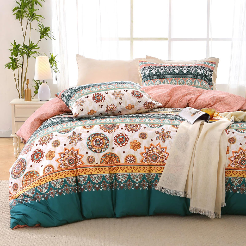 MUXHOMO Duvet Cover Queen Size, Reversible Floral Green Duvet Cover Set with Zipper Closure, 3 Pieces Botanical Patterns Soft Microfiber Bedding Set with 4 Ties (90"x90", 2 Pillow Cases)