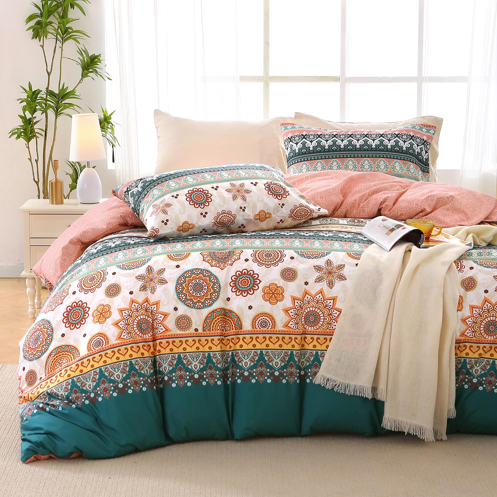 MUXHOMO Duvet Cover Queen Size, Reversible Floral Green Duvet Cover Set with Zipper Closure, 3 Pieces Botanical Patterns Soft Microfiber Bedding Set with 4 Ties (90"x90", 2 Pillow Cases)