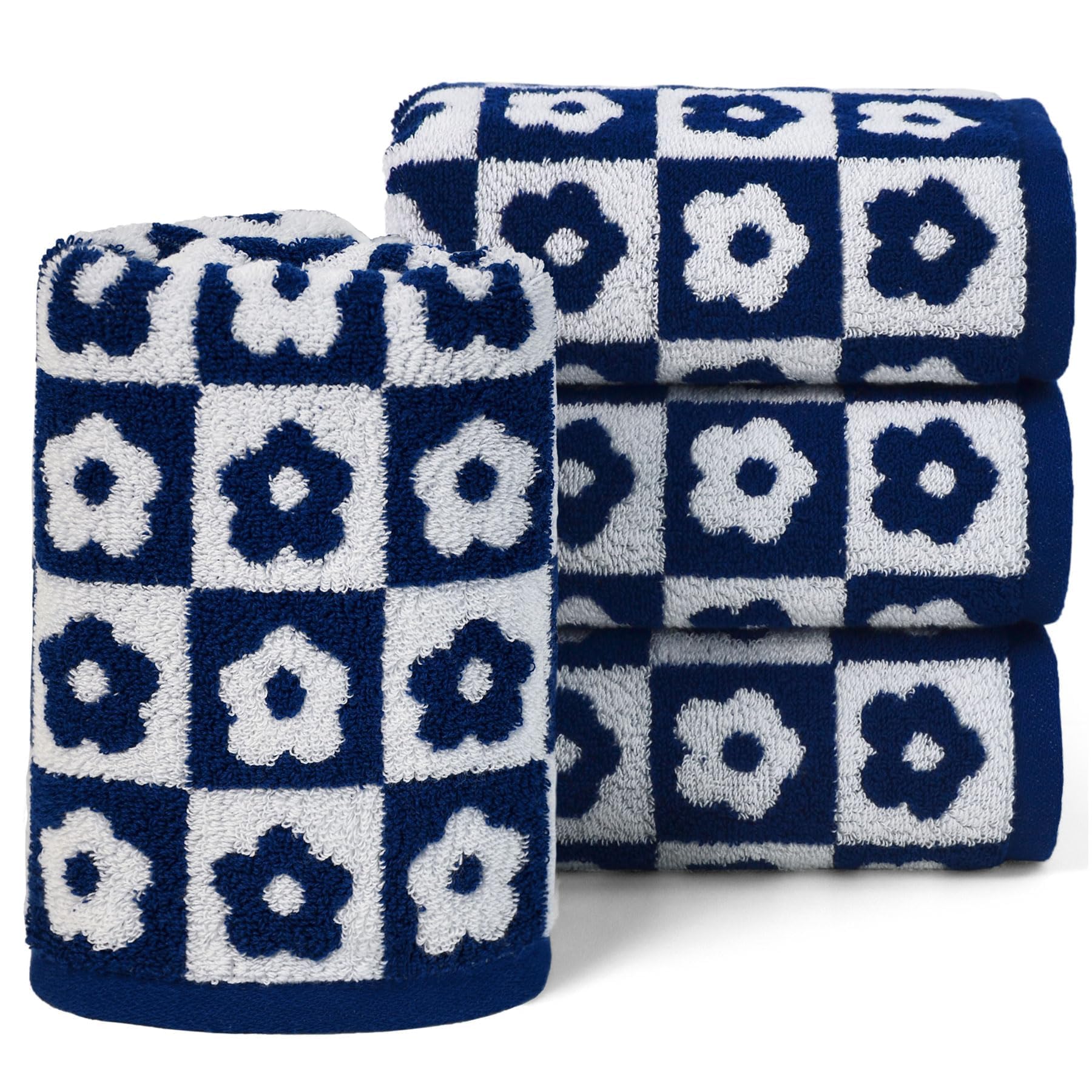 Jacquotha Cotton Hand Towels Green Checkered Floral - Quick Drying Hand Towel Set of 4, for Bathroom Kitchen Decor, 29” x 13”