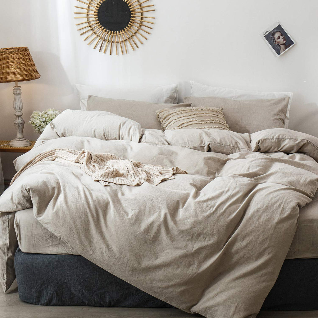 MooMee Bedding Duvet Cover Set 100% Washed Cotton Linen Like Textured Breathable Durable Soft Comfy (Heathered Tannish Linen Grey, Queen 90"x90")