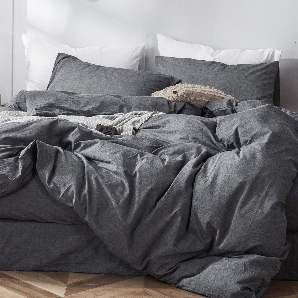 MooMee Bedding Duvet Cover Set 100% Washed Cotton Linen Like Textured Breathable Durable Soft Comfy (Heathered Tannish Linen Grey, Queen 90"x90")