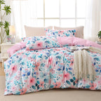 MUXHOMO Duvet Cover Queen Size, Reversible Floral Green Duvet Cover Set with Zipper Closure, 3 Pieces Botanical Patterns Soft Microfiber Bedding Set with 4 Ties (90"x90", 2 Pillow Cases)