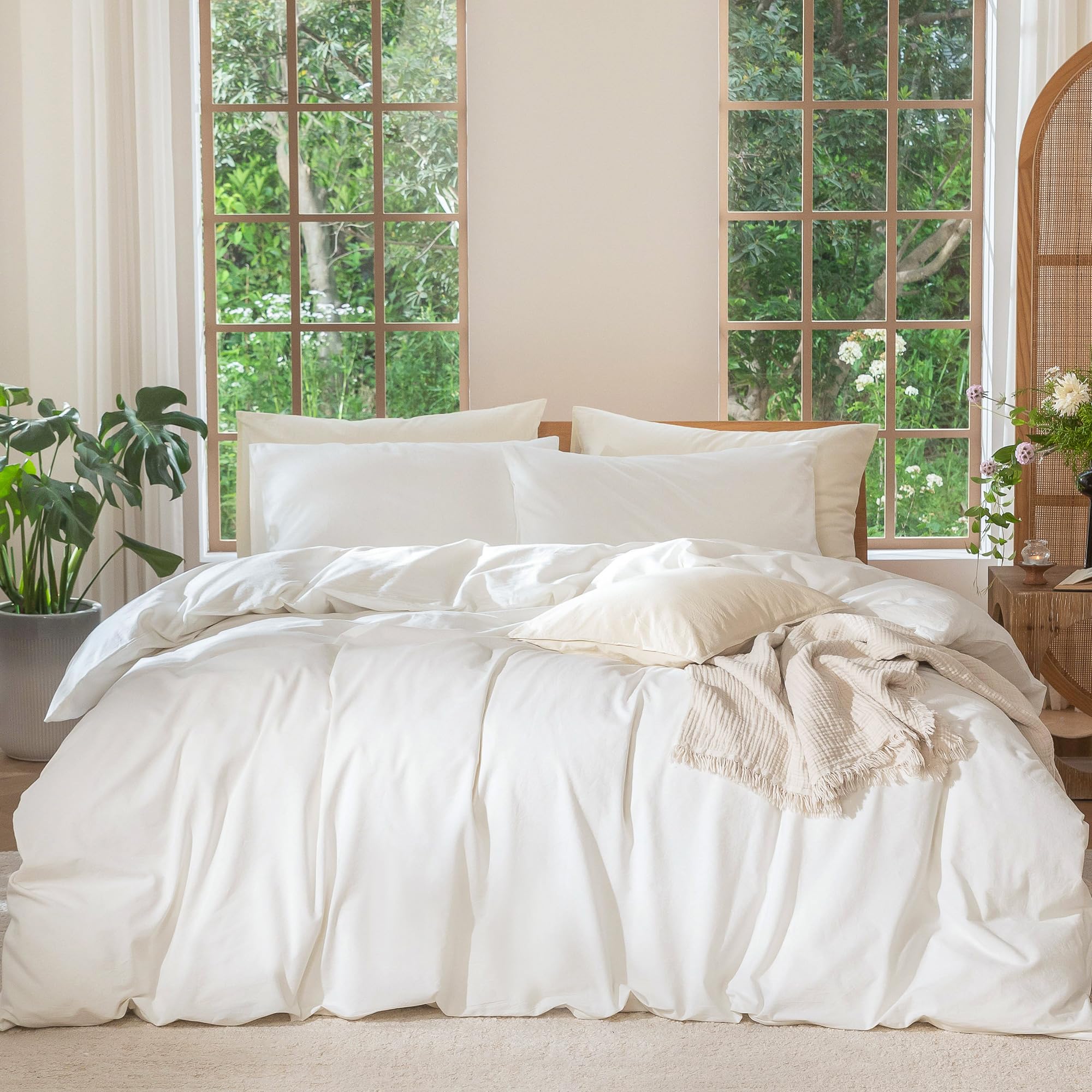 MooMee Bedding Duvet Cover Set 100% Washed Cotton Linen Like Textured Breathable Durable Soft Comfy (Heathered Tannish Linen Grey, Queen 90"x90")