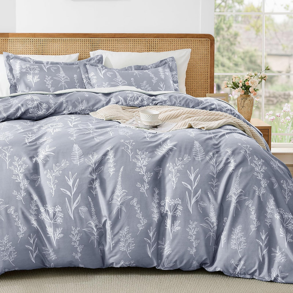 MUXHOMO Duvet Cover Queen Size, Reversible Floral Green Duvet Cover Set with Zipper Closure, 3 Pieces Botanical Patterns Soft Microfiber Bedding Set with 4 Ties (90"x90", 2 Pillow Cases)