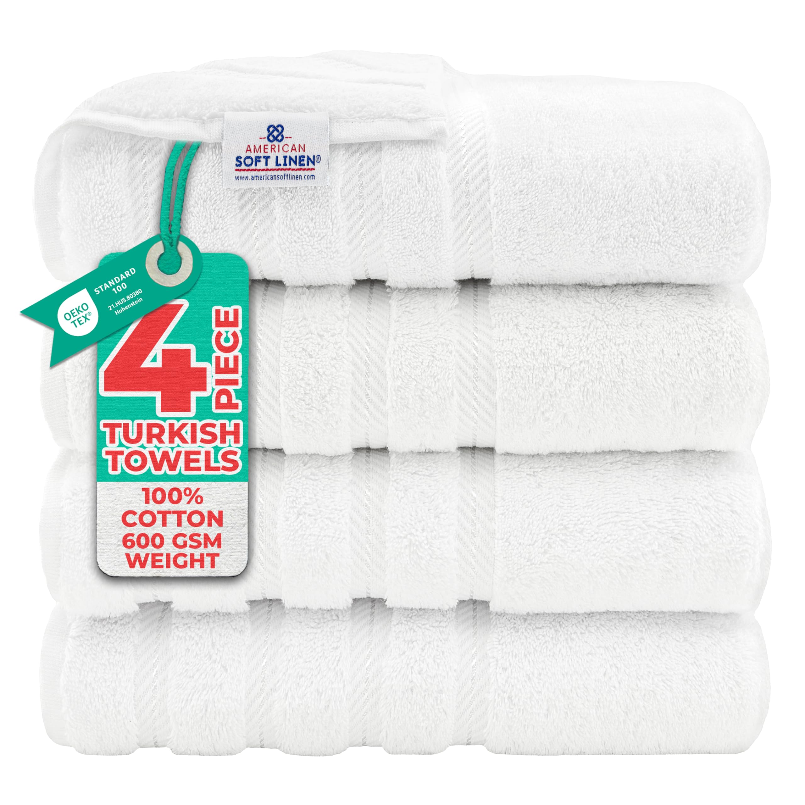 American Soft Linen Luxury Hand Towels for Bathroom, 100% Cotton Turkish 4 Piece Hand Towel Set, 600 GSM Hand Face Towels for Kitchen, White Hand Towels