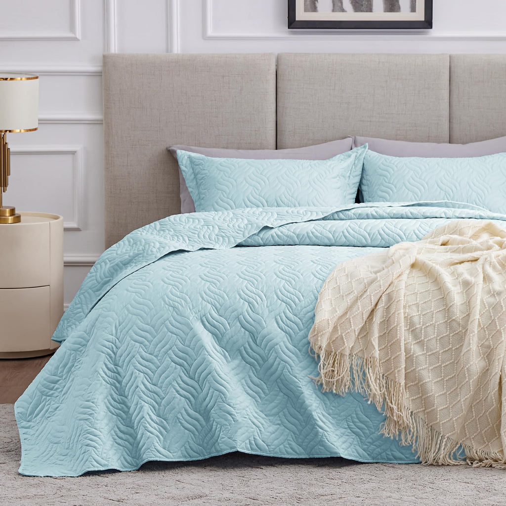 3 Piece Blue Queen Size Coin Pattern Lightweight All Season Quilt Bedspread Set with 2 Pillow Shams