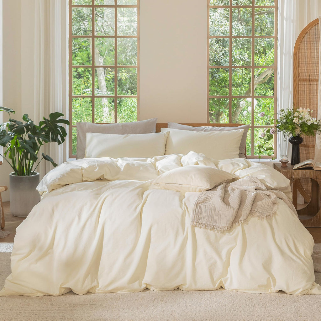 MooMee Bedding Duvet Cover Set 100% Washed Cotton Linen Like Textured Breathable Durable Soft Comfy (Heathered Tannish Linen Grey, Queen 90"x90")