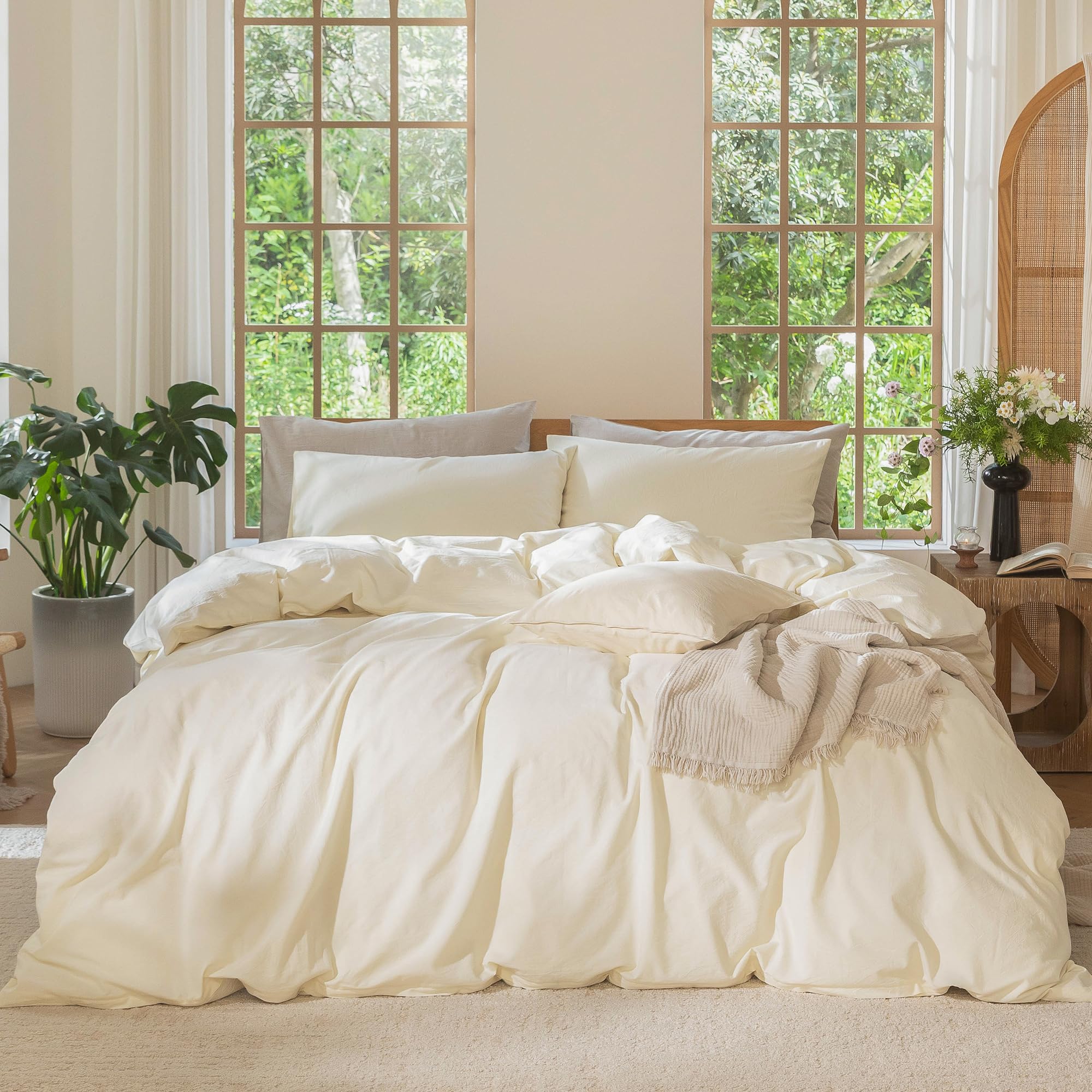 MooMee Bedding Duvet Cover Set 100% Washed Cotton Linen Like Textured Breathable Durable Soft Comfy (Heathered Tannish Linen Grey, Queen 90"x90")